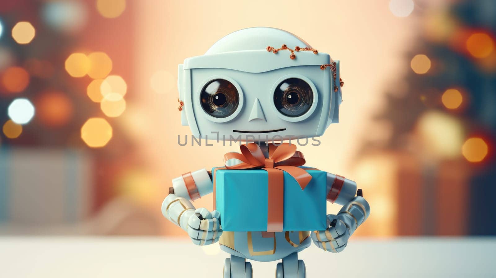 Shot of robot holding a small gift box. Holidays and celebration concept