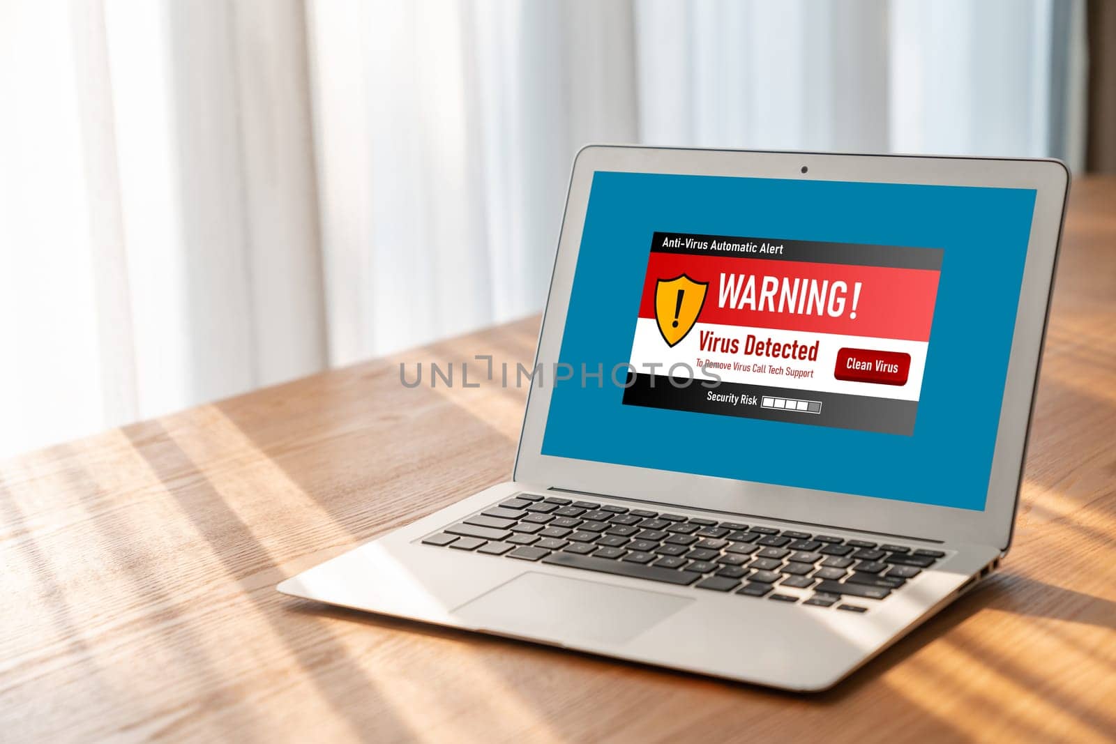 Virus warning alert on computer screen detected modish cyber threat , hacker, computer virus and malware