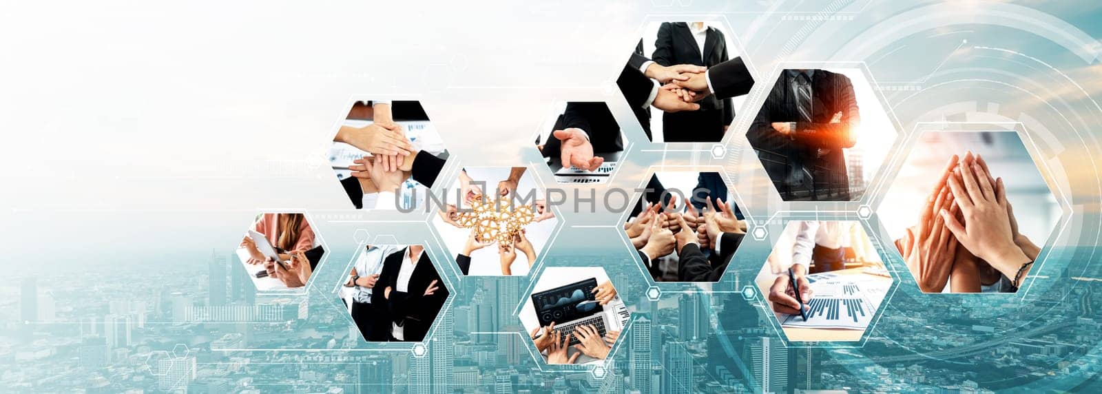 Teamwork and human resources HR management technology concept in corporate business with people group networking to support partnership, trust, teamwork and unity of coworkers in office vexel