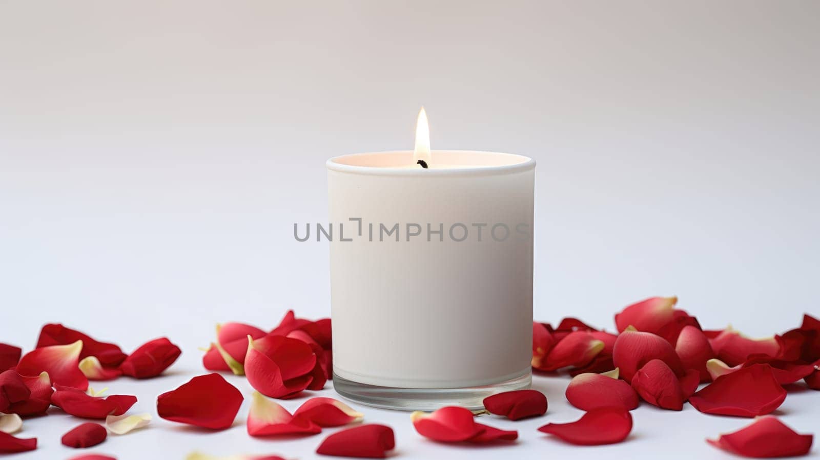 Soy wax aroma candles in jar on table with red flower petals. Candle mockup design. Mockup soy wax candle in natural style. by JuliaDorian