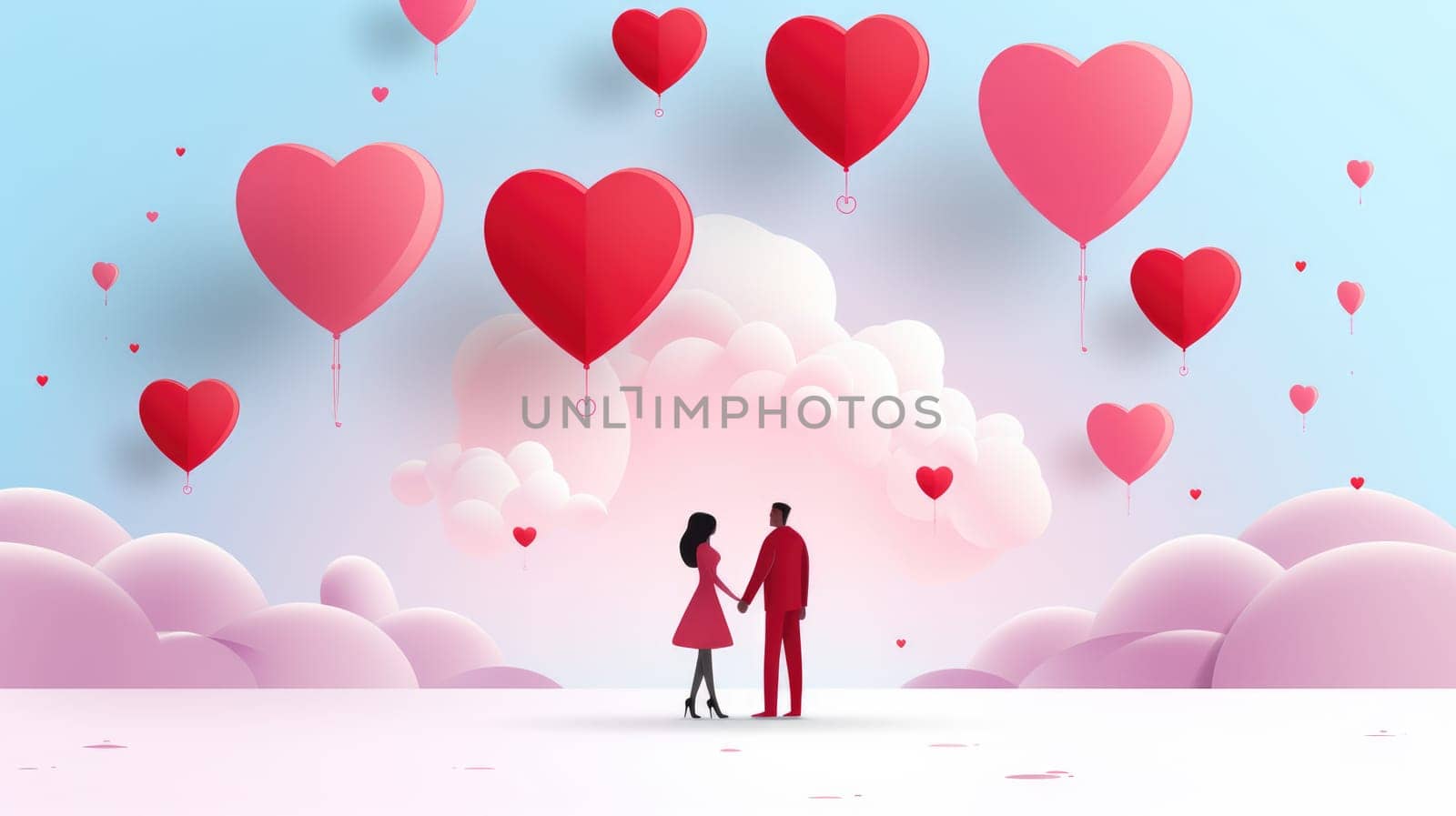 Beautiful young couple hugging, kissing celebrating St Valentine's Day with air balloons in shape of heart on white background. by JuliaDorian