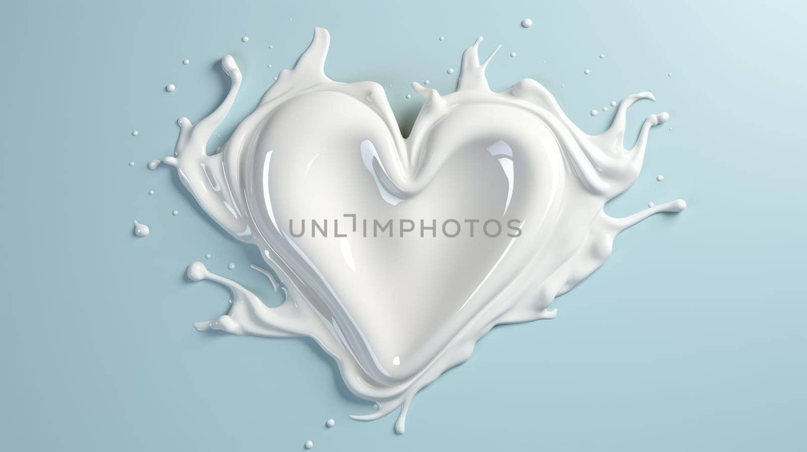 White glossy Heart made of milk splashes on blue background. Valentines day background