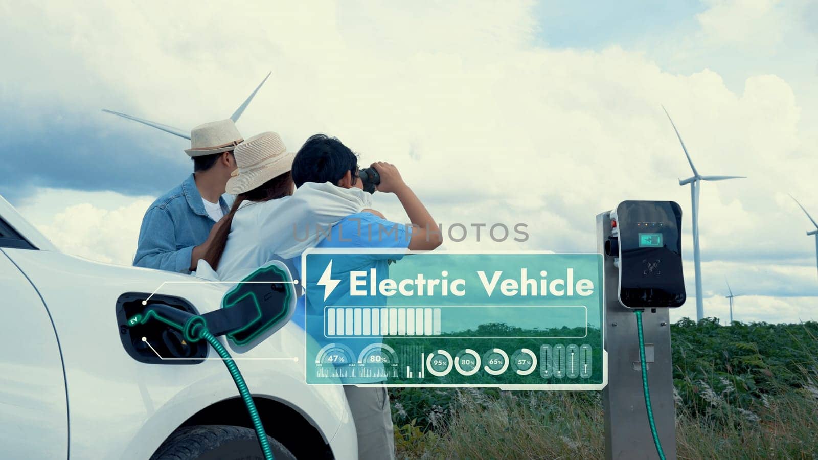 Modern family travel and nature with eco-friendly EV car concept. Peruse by biancoblue