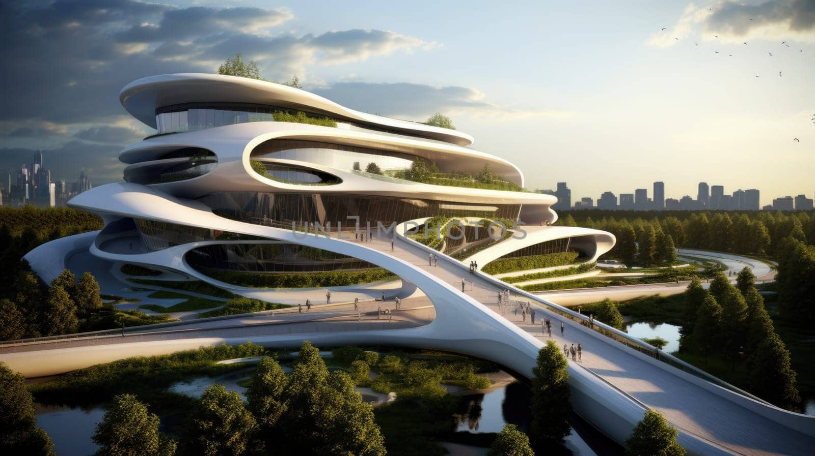 Futuristic sustainable complex office building for green economy and sustainability comeliness