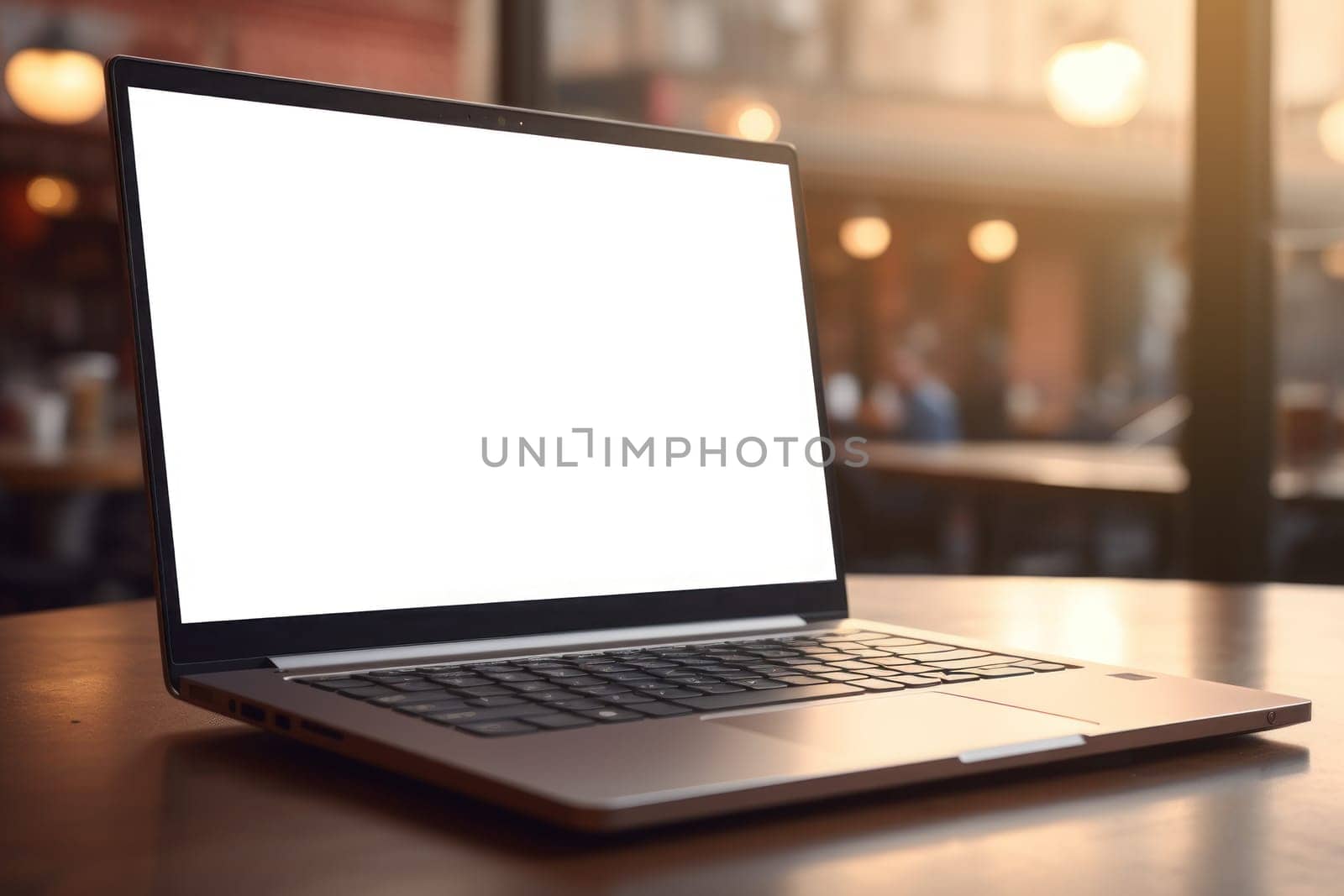 Laptop mockup in a cozy cafe, work and relaxation, technology meets comfort. Generative AI.