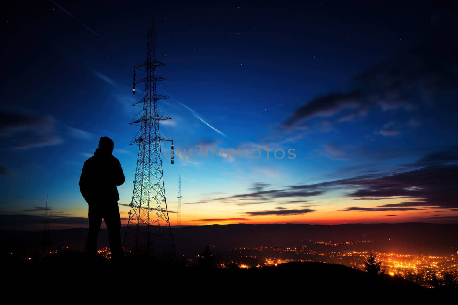 Silhouette of communication tower against twilight sky with person testing signal. Generative AI.
