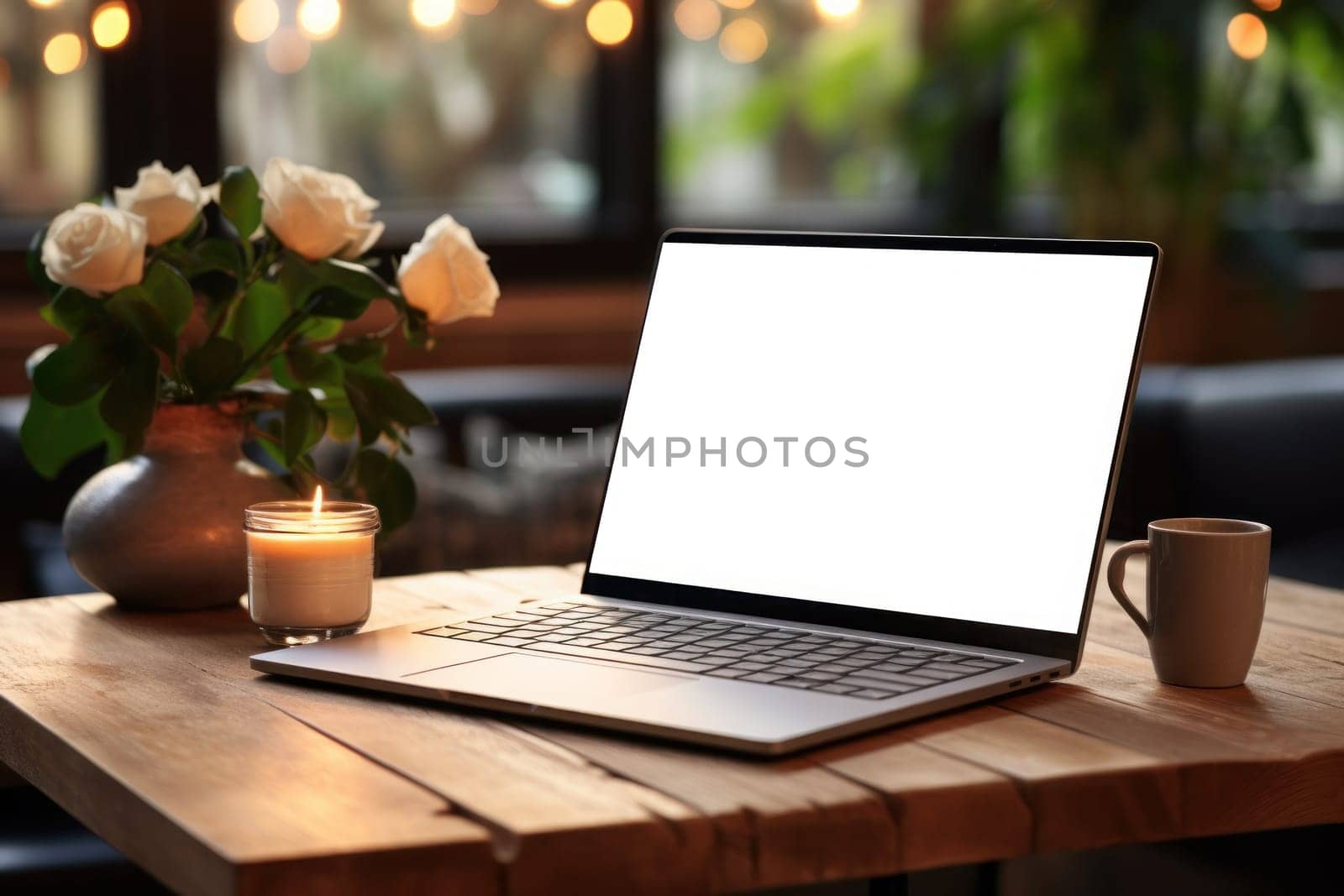 Laptop mockup in a cozy cafe, work and relaxation, technology meets comfort. Generative AI.