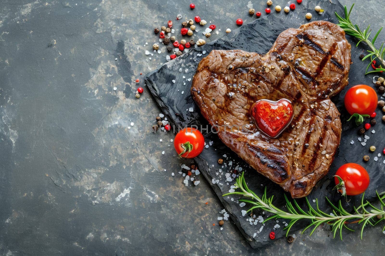 grilled beef steak for valentines day pragma in black background