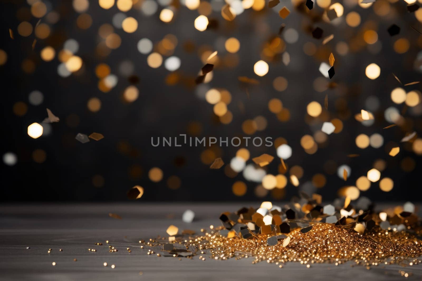 Dark grey background gold sparkles, gold glitter, gold bokeh in foreground. Generative AI.