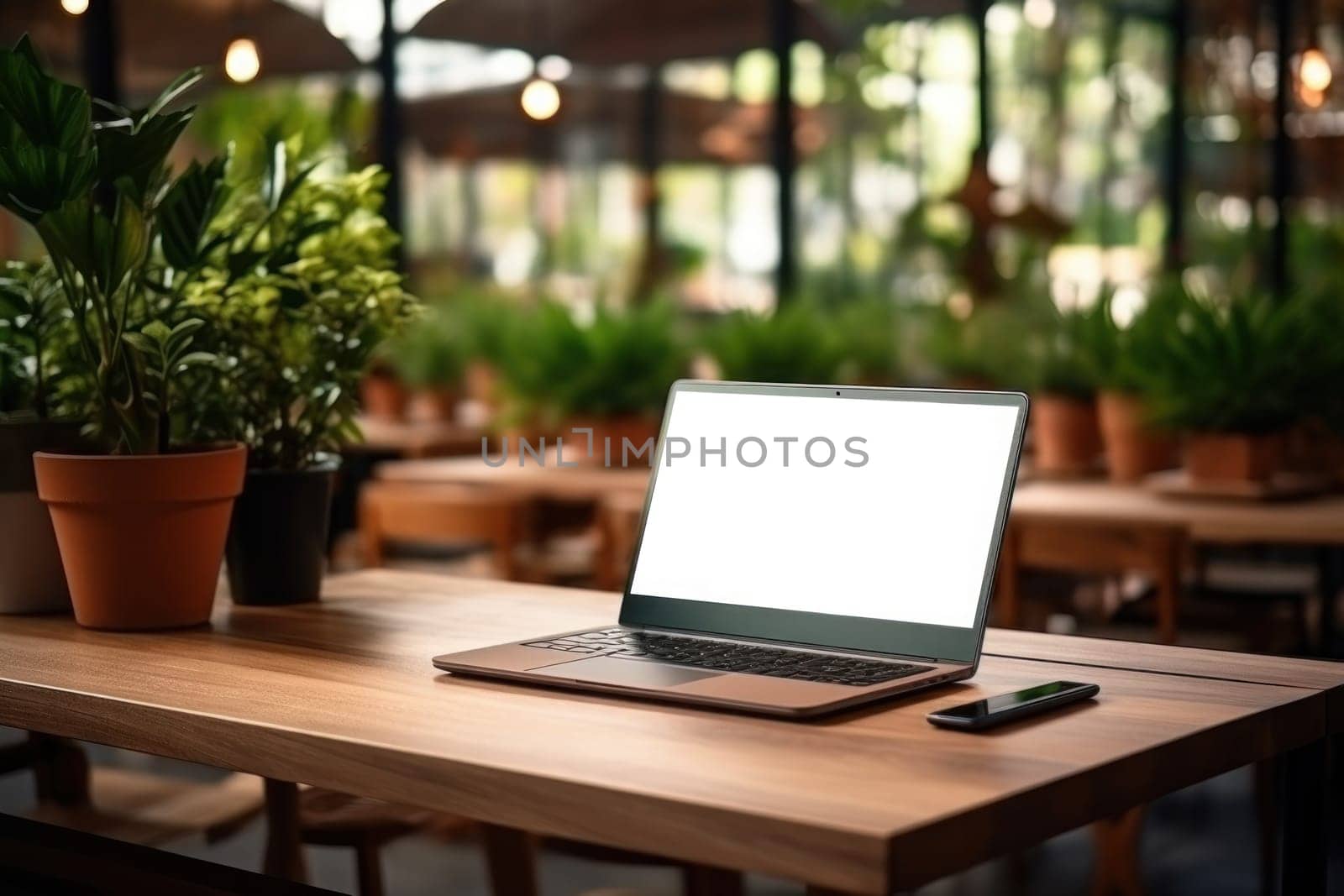 Laptop mockup in a cozy cafe, work and relaxation, technology meets comfort. Generative AI by golfmerrymaker
