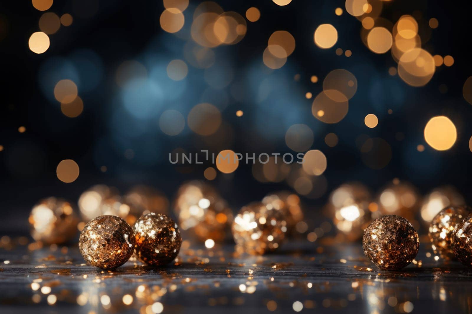 Dark grey background gold sparkles, gold glitter, gold bokeh in foreground. Generative AI.