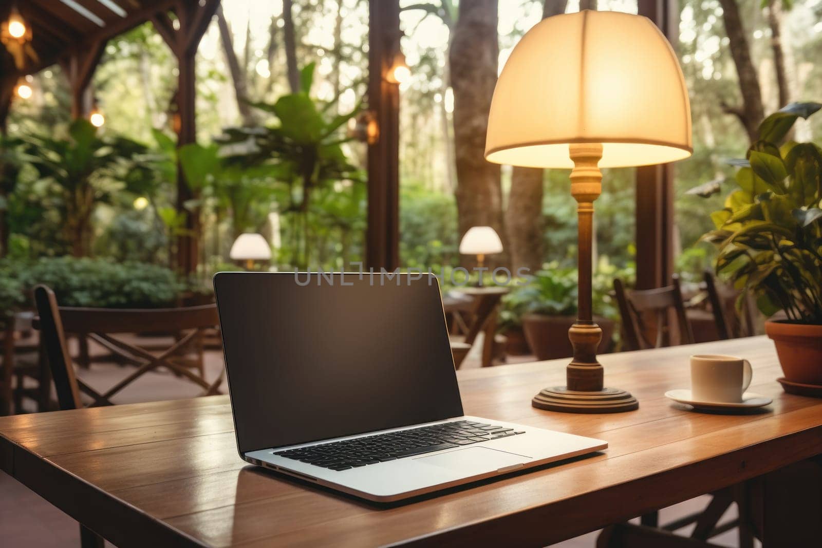 Laptop mockup in a cozy cafe, work and relaxation, technology meets comfort. Generative AI by golfmerrymaker