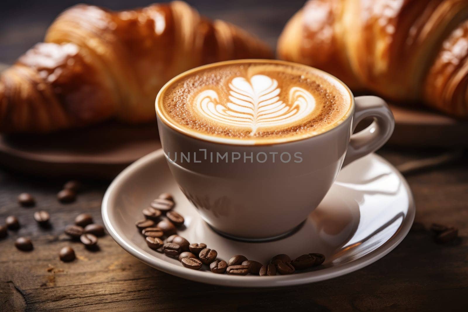 Coffee with a perfect latte art heart, next to a plate of fresh croissants. Generative AI.