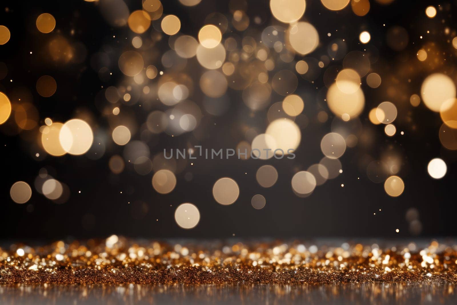 Dark grey background gold sparkles, gold glitter, gold bokeh in foreground. Generative AI.