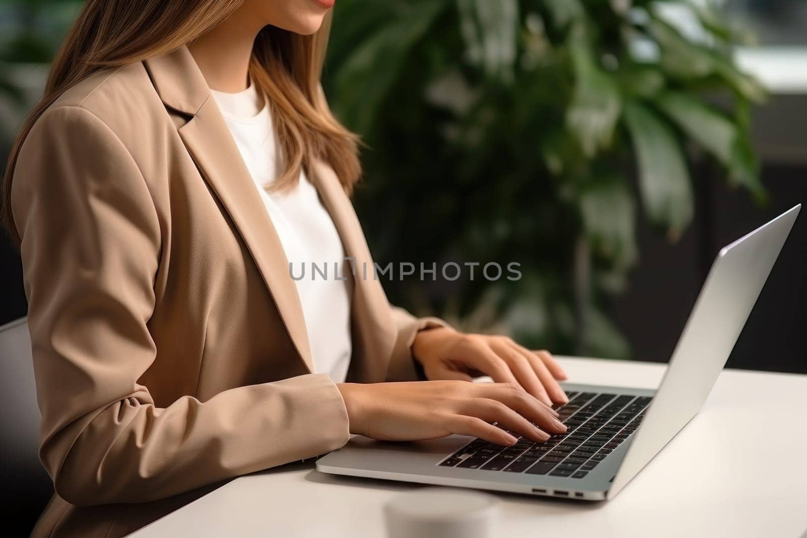Photo of hands typing on a laptop. inside an office, business oriented atmosphere. Generative AI.