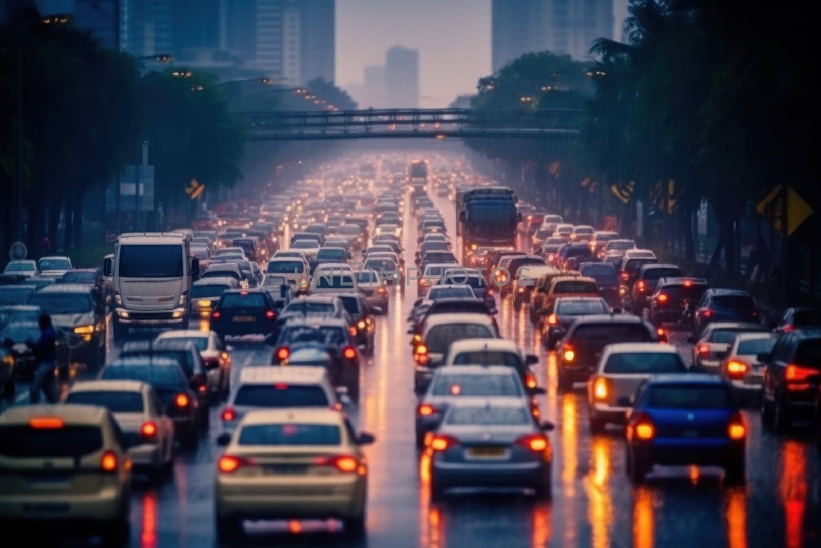 Stressful moment during a traffic jam and raining. Generative AI.