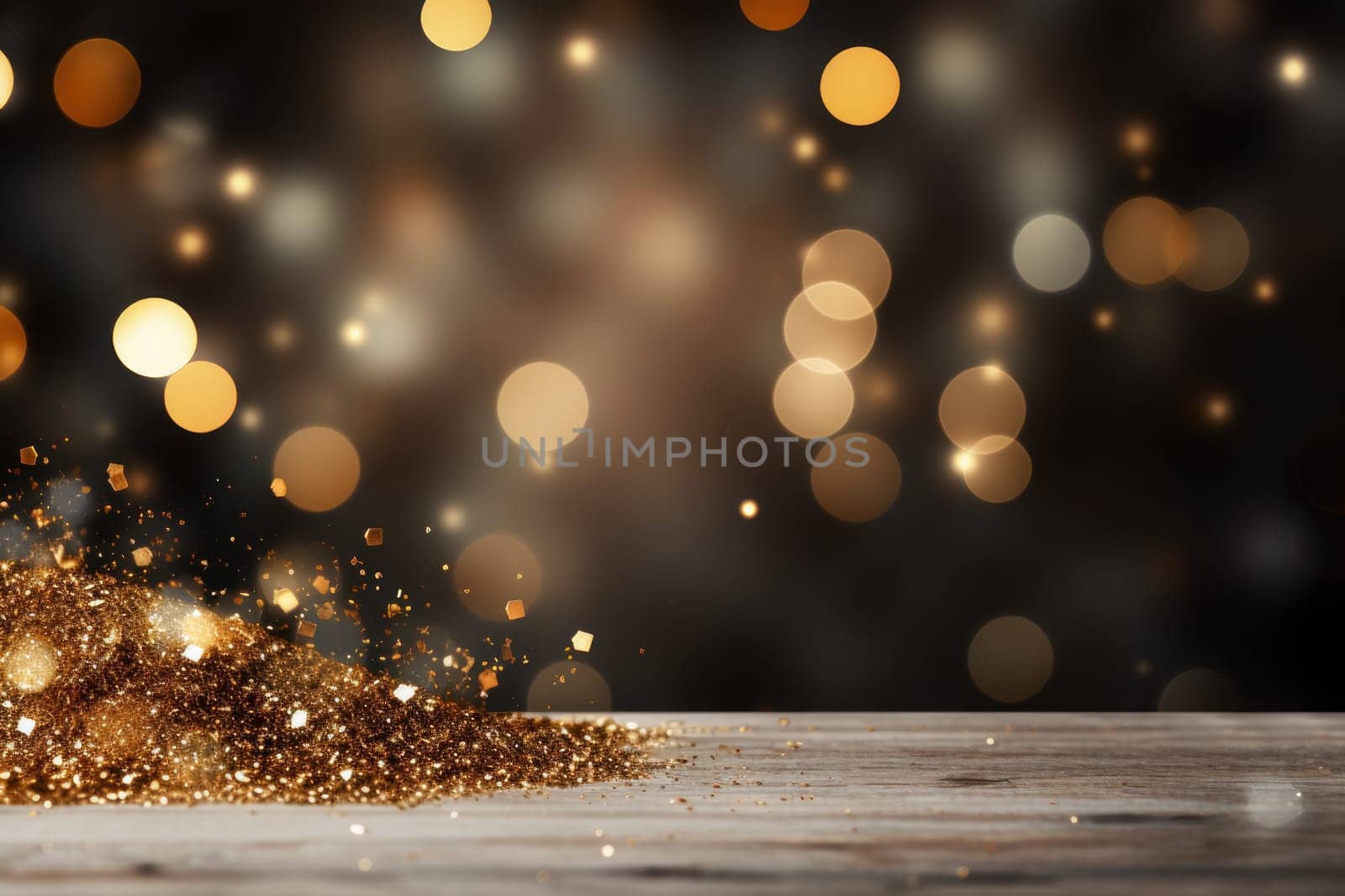 Dark grey background gold sparkles, gold glitter, gold bokeh in foreground. Generative AI.