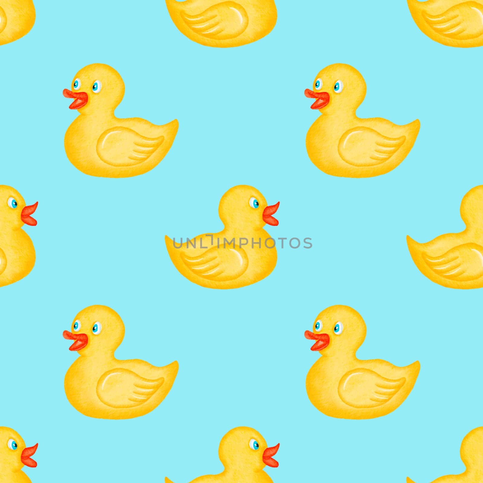 Watercolor seamless pattern. Yellow duck pattern. Toys. Bath duck background. Design for kids, children, textile, fabric, home decor. Rubber ducks for bath. Painted ornament.