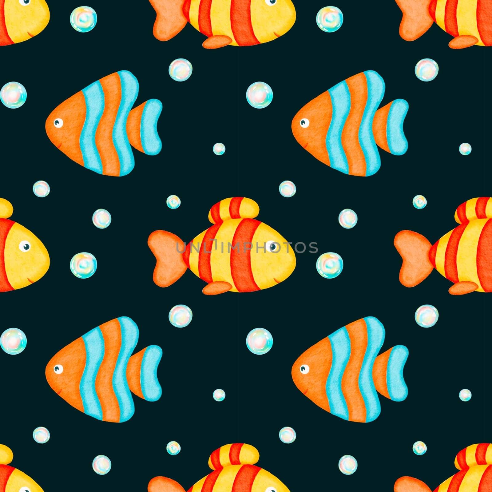 Watercolor seamless pattern. colorful fish and colorful soap bubbles pattern. Toys. Bath toys background. Design for kids, children, textile, fabric, home decor. Painted ornament. Dark background by Art_Mari_Ka