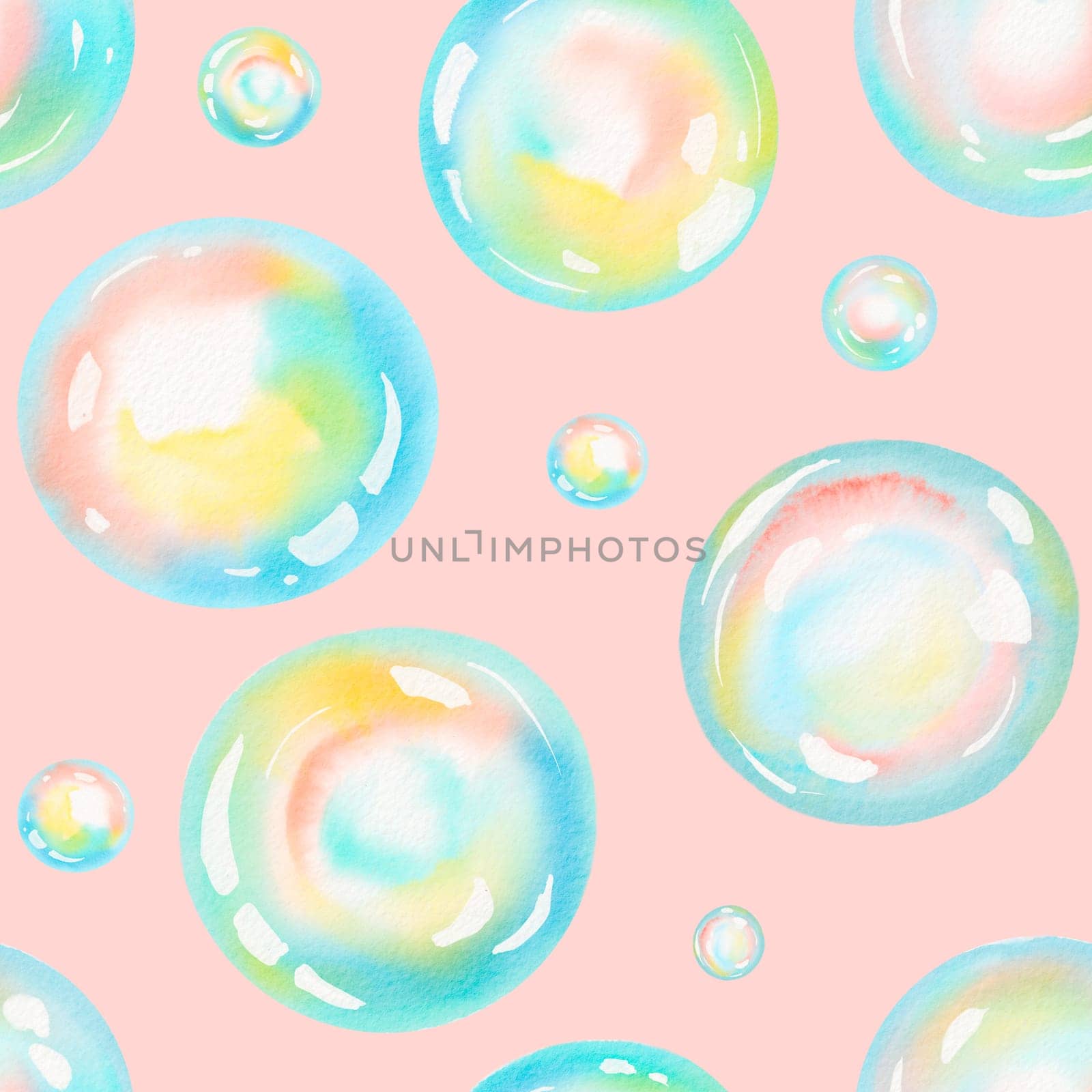 Watercolor circles seamless pattern. Round shapes. Painted ornament. colorful soap bubbles. pink background by Art_Mari_Ka