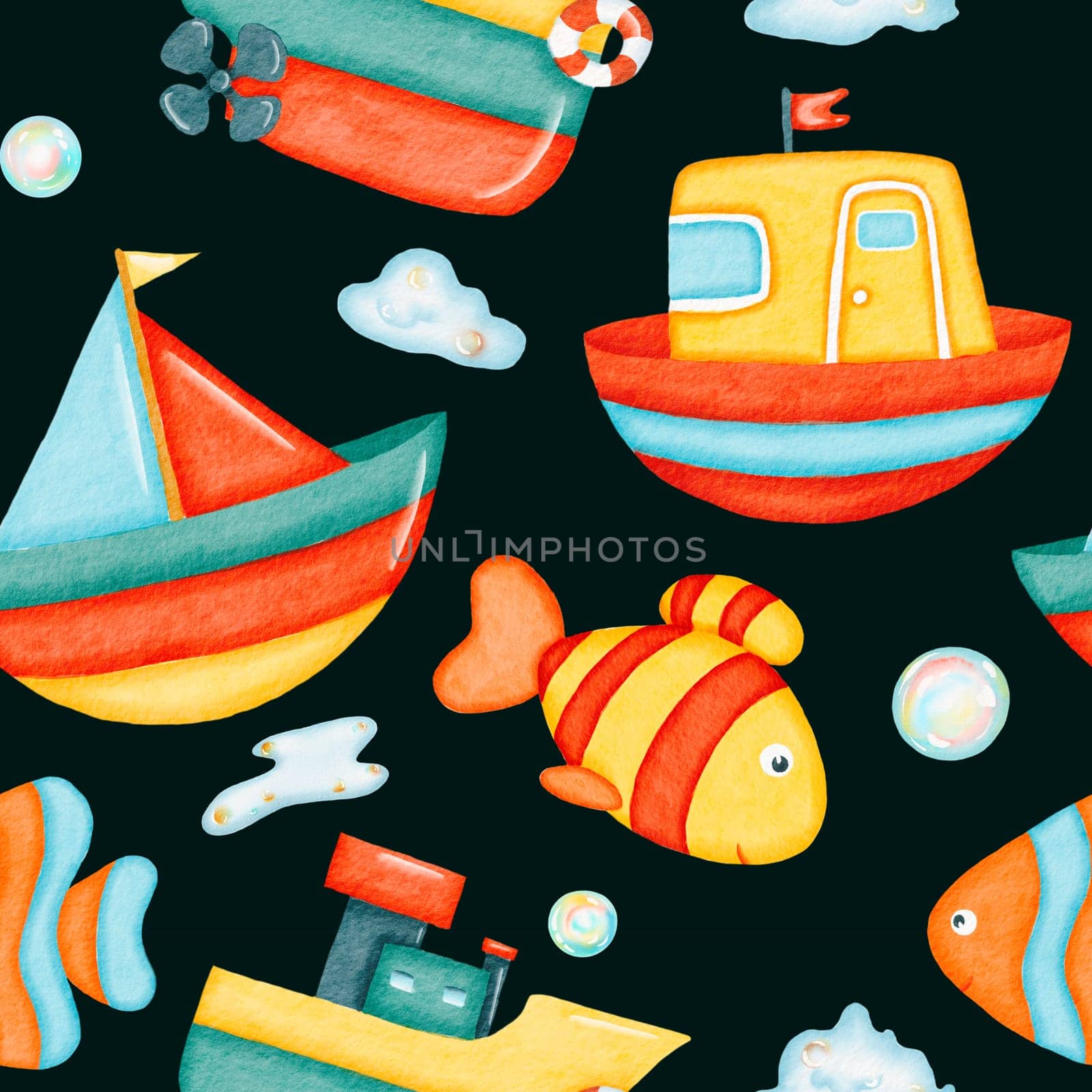 Watercolor seamless pattern. colorful fish, toy boats and colorful soap bubbles pattern. Bathroom background. Design for kids, children, textile, fabric, home decor. Painted ornament. Dark background by Art_Mari_Ka
