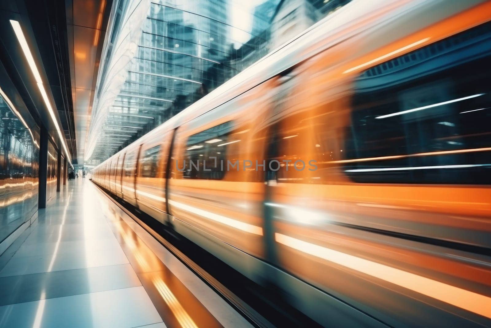 Fast express passenger train, futuristic conceptual technology on high speed railway. Generative AI.
