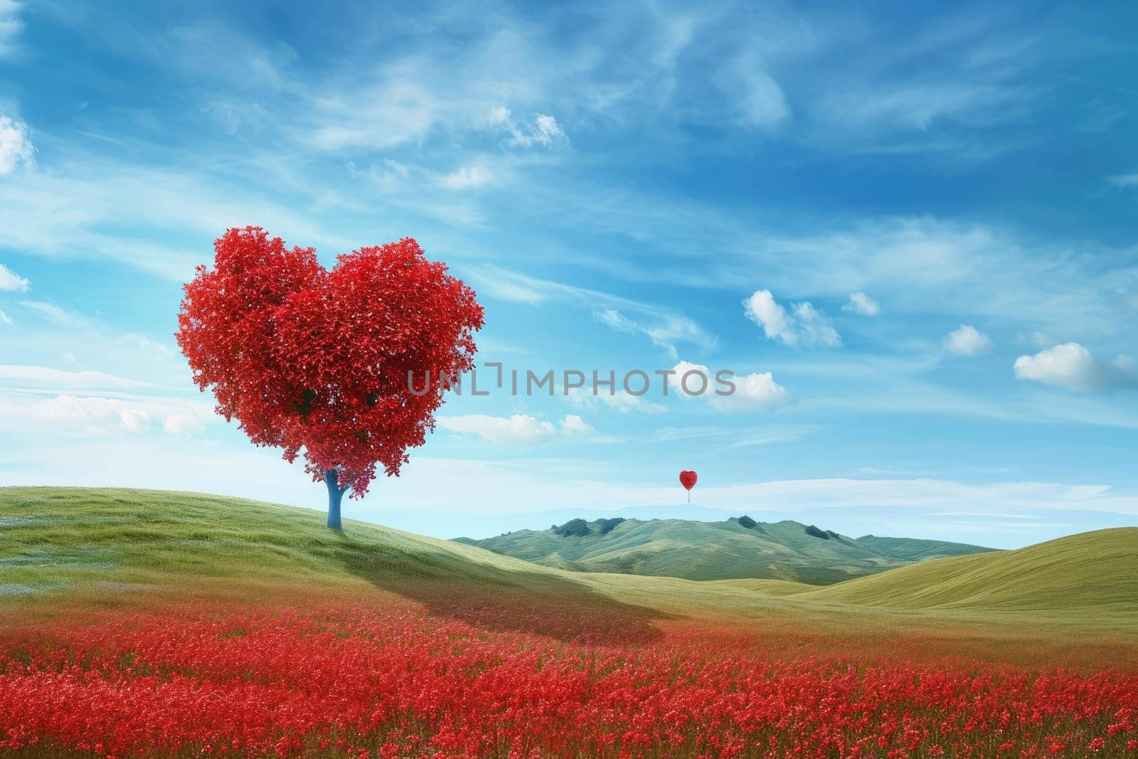 red tree of love in red flower field valentines day pragma by biancoblue