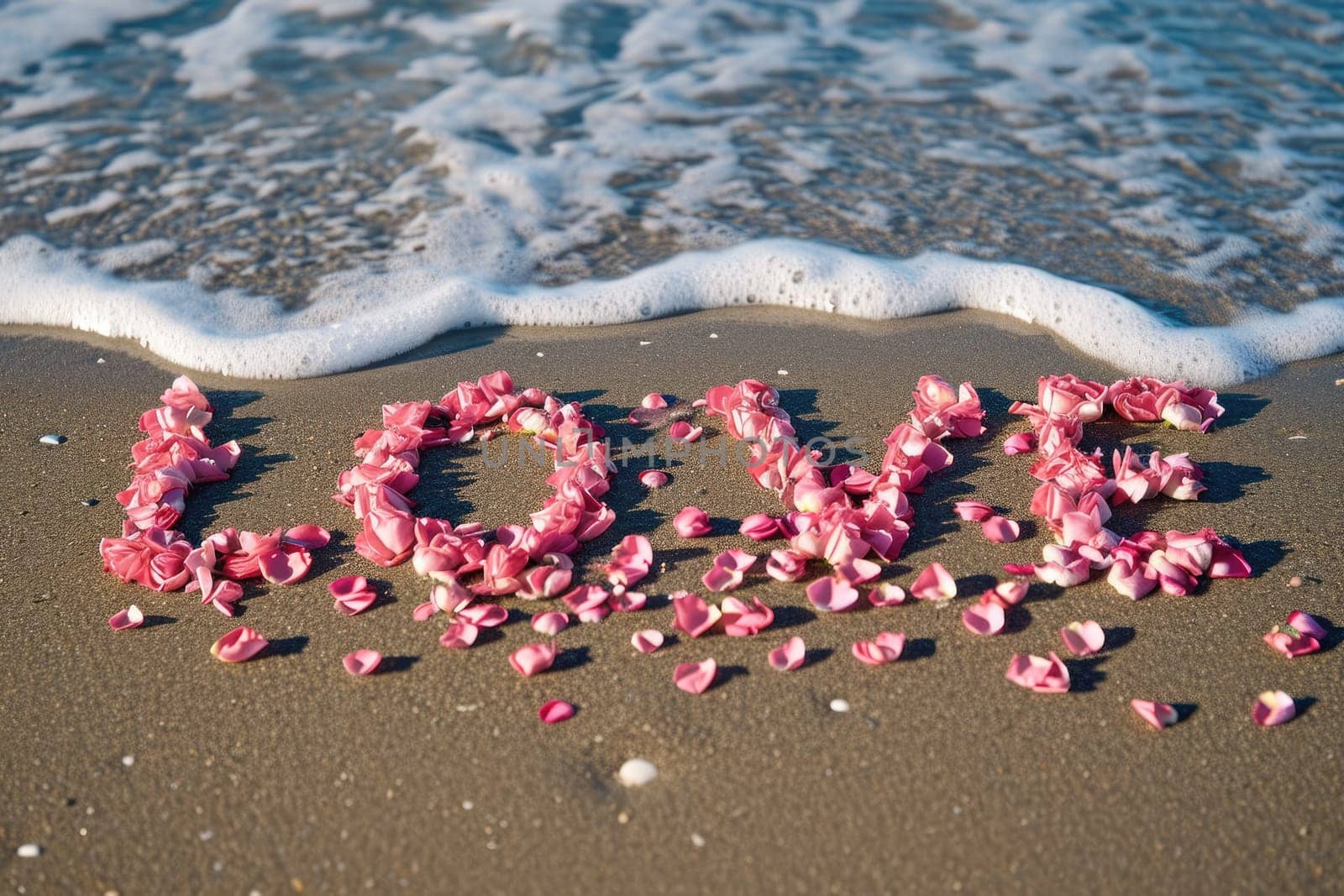 romantic beach of love rose petals on the wide coastline pragma by biancoblue