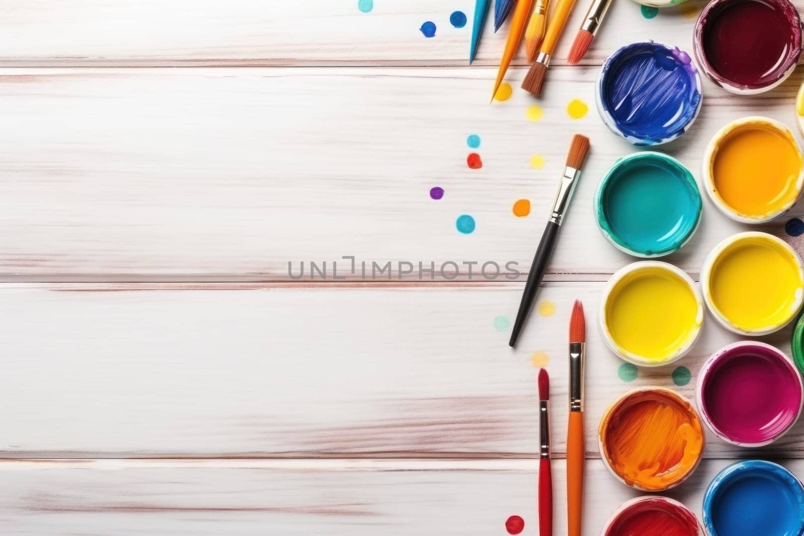 Paint brushes colour book mock aerial view wooden background. Generative AI by golfmerrymaker