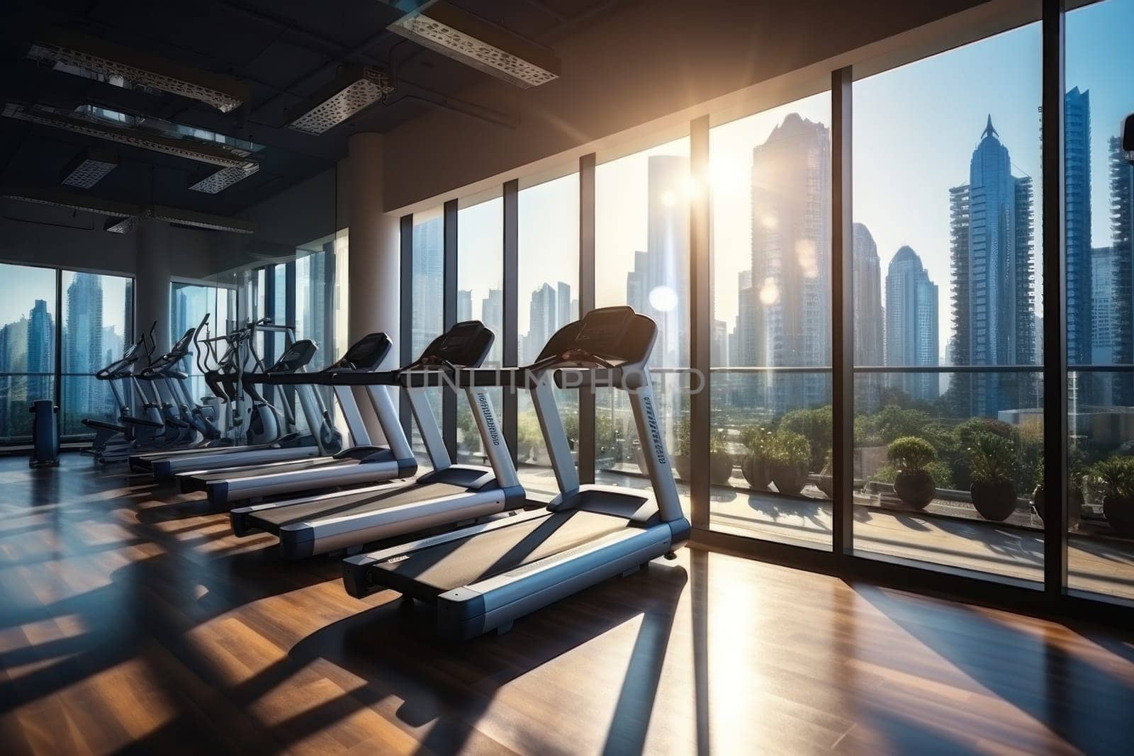 Modern and fully equipped gym located a higher floor of a commercial tower building. Generative AI by golfmerrymaker