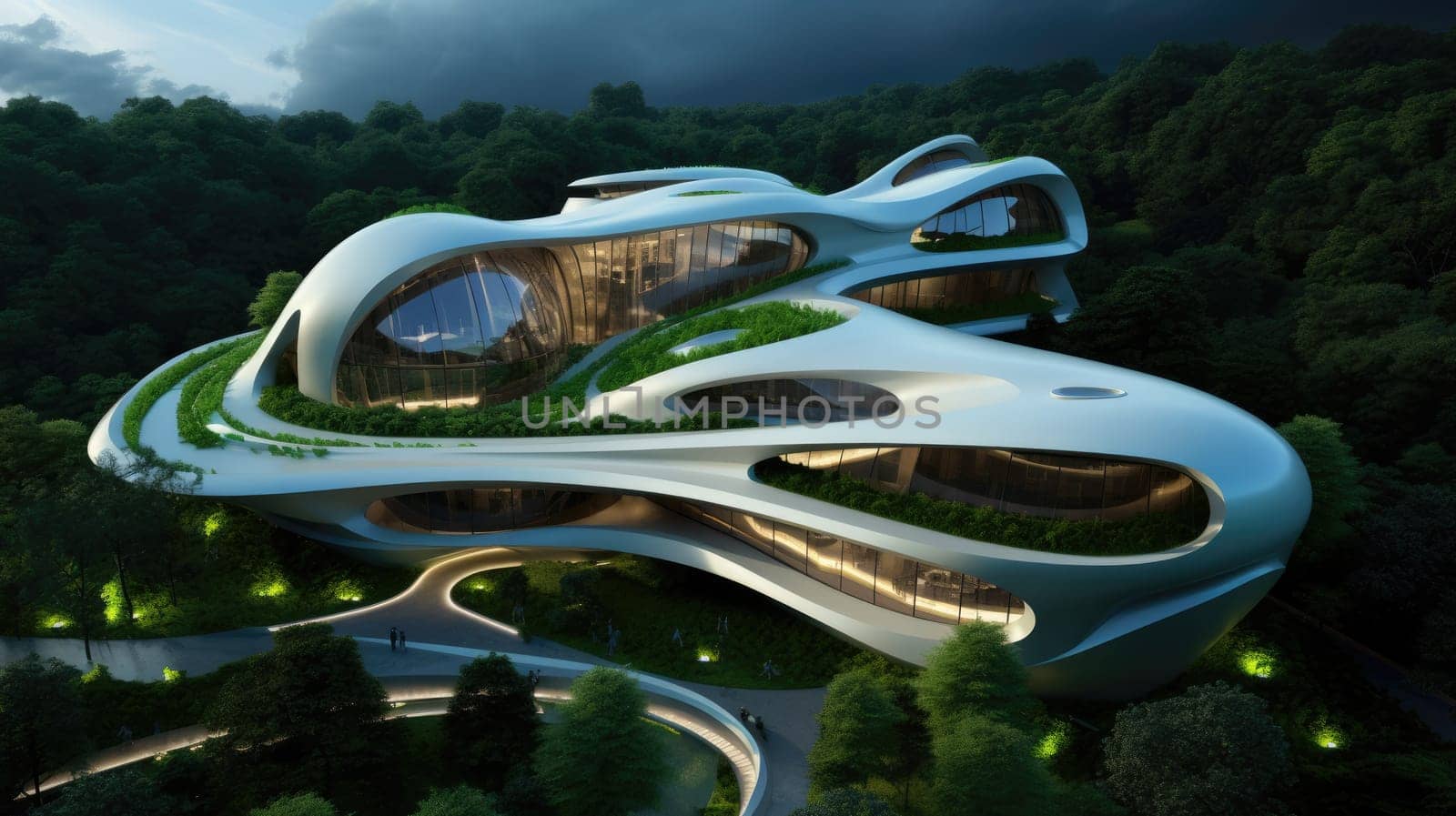 Futuristic sustainable complex office building for green economy and sustainability comeliness