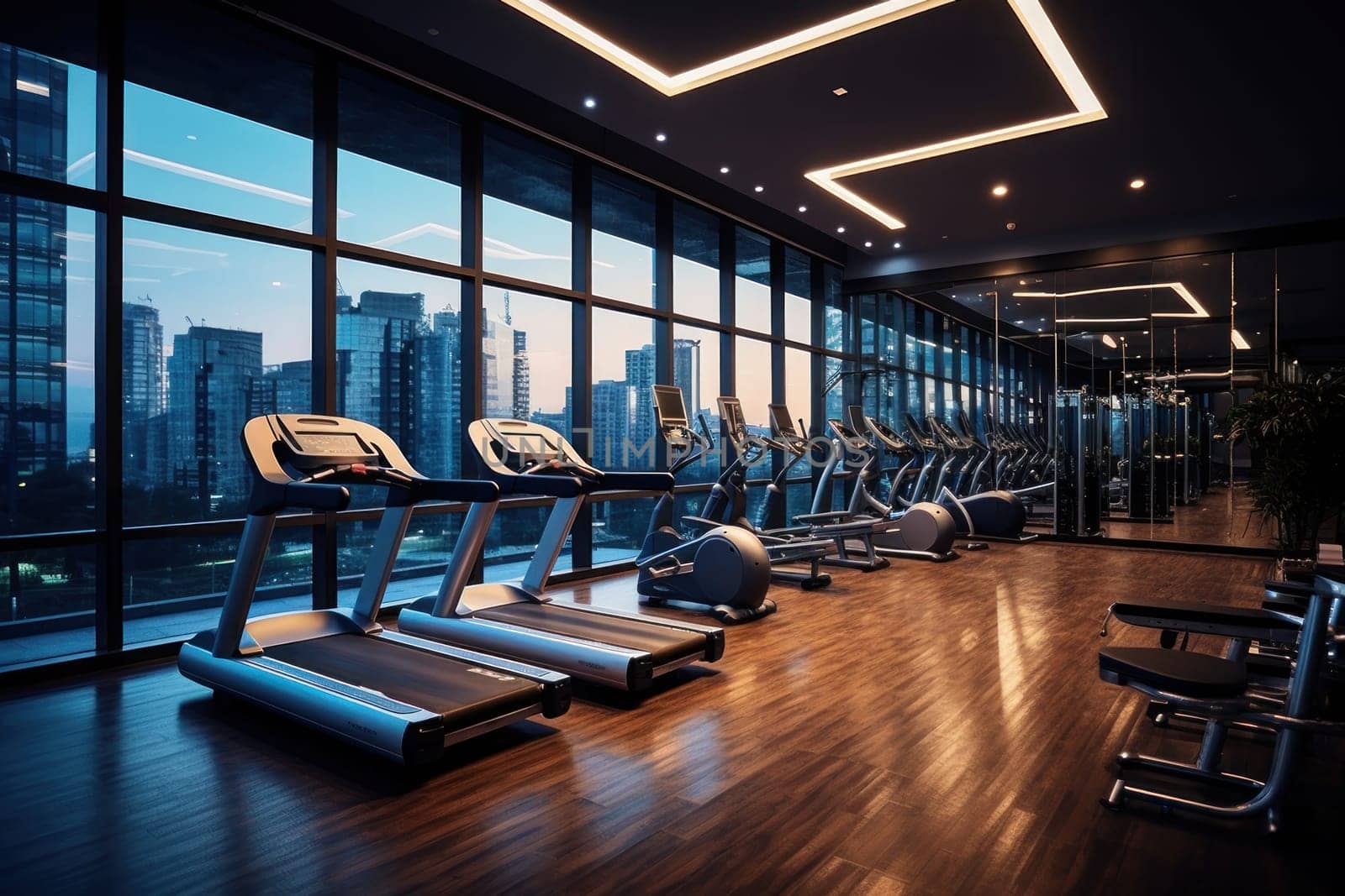 Modern and fully equipped gym located a higher floor of a commercial tower building. Generative AI by golfmerrymaker