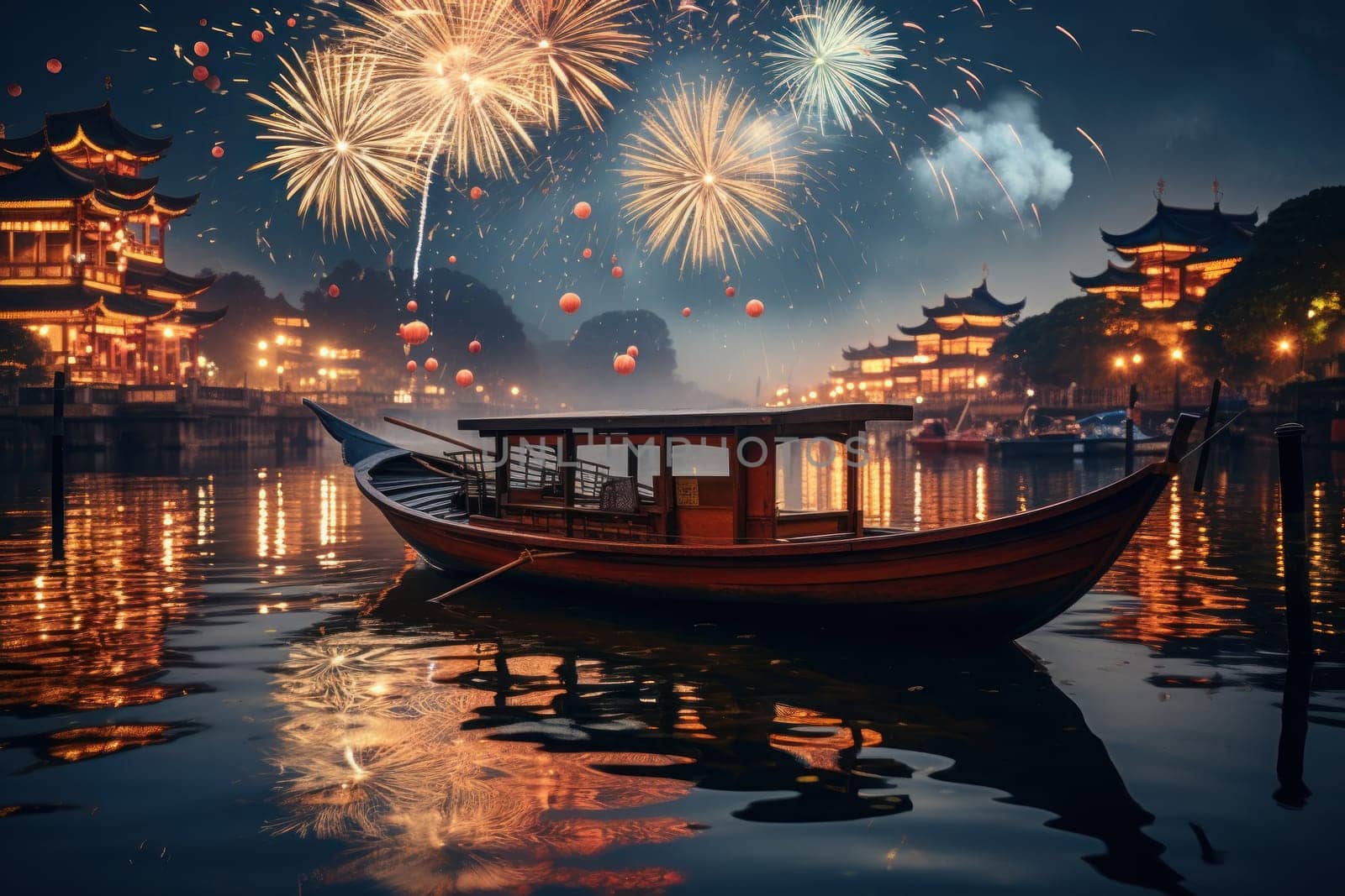 Vibrant new years banner with fireworks and cheering crowd. Generative AI.