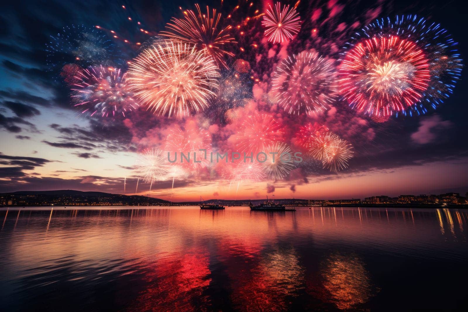 Vibrant new years banner with fireworks and cheering crowd. Generative AI.