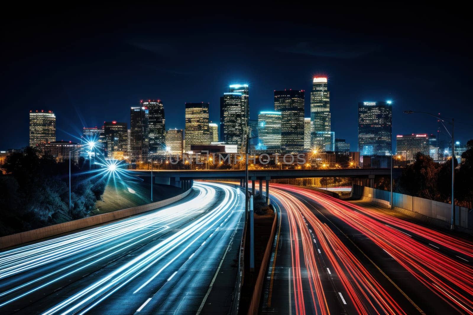 Night city long exposure photography. Generative AI.