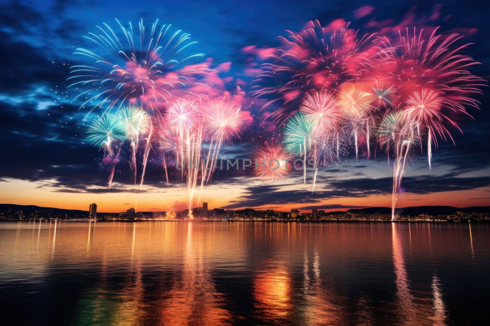 Vibrant new years banner with fireworks and cheering crowd. Generative AI.