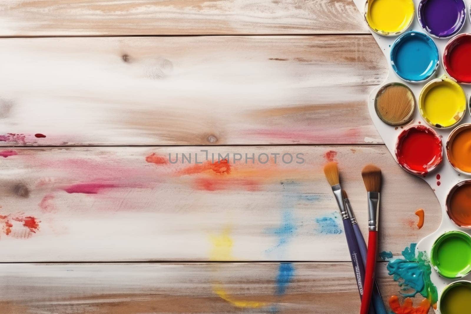 Paint brushes colour book mock aerial view wooden background. Generative AI by golfmerrymaker