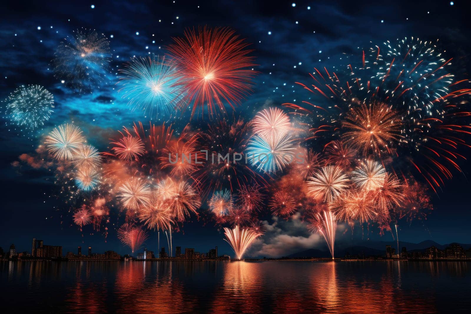 Vibrant new years banner with fireworks and cheering crowd. Generative AI.