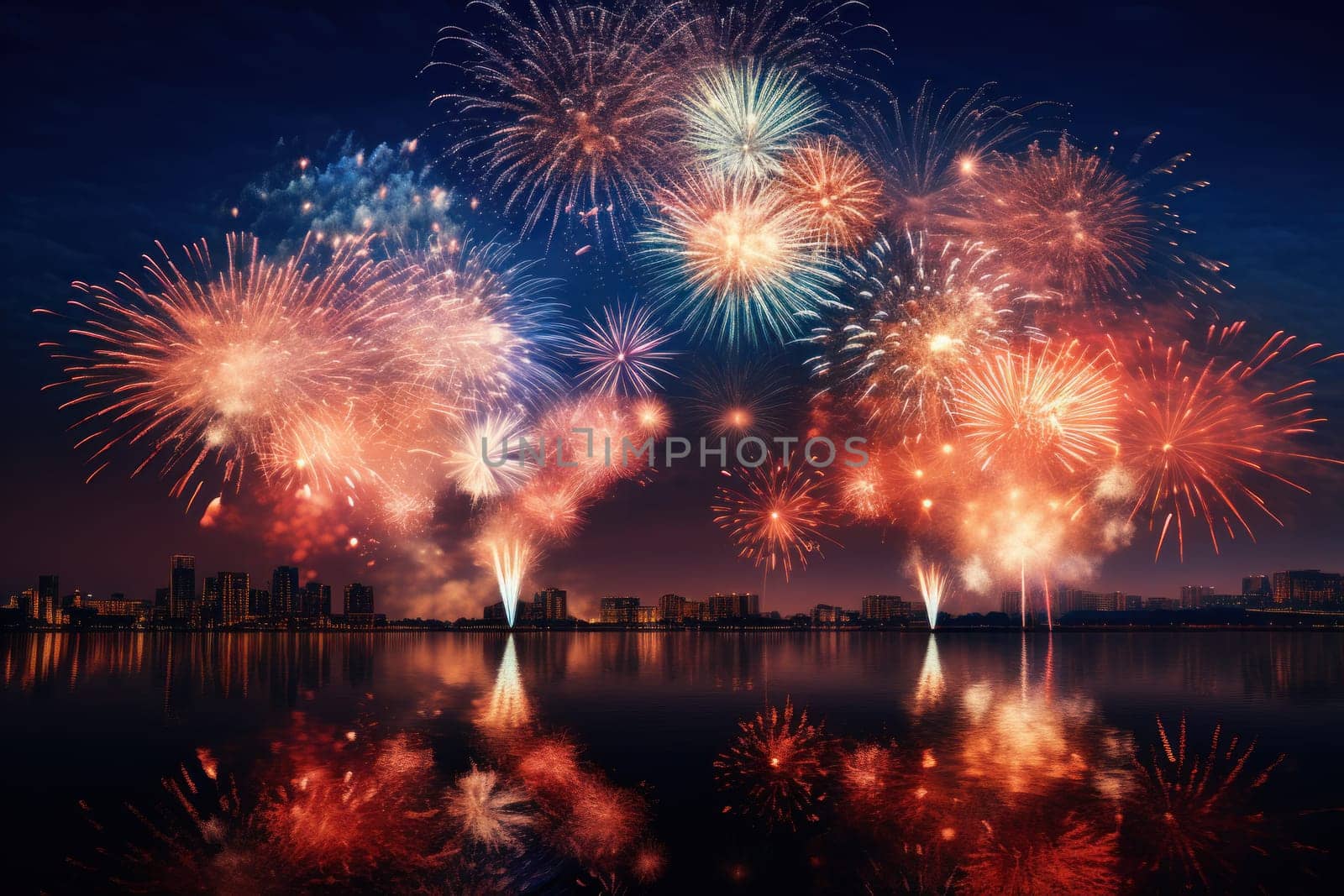 Vibrant new years banner with fireworks and cheering crowd. Generative AI.