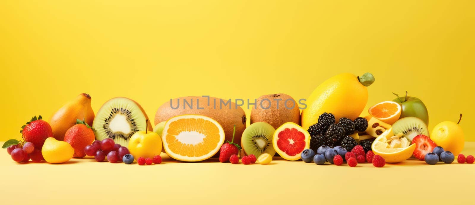 Colorful Tropical Fruit Salad: A Mouthwatering Melange of Fresh, Sweet, and Ripe Fruits on a Vibrantly Green Flat Background