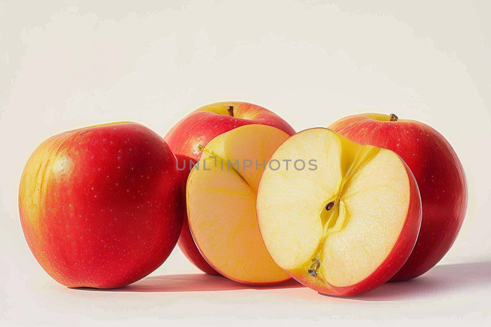 Three pieces of sliced red apples on a white background.