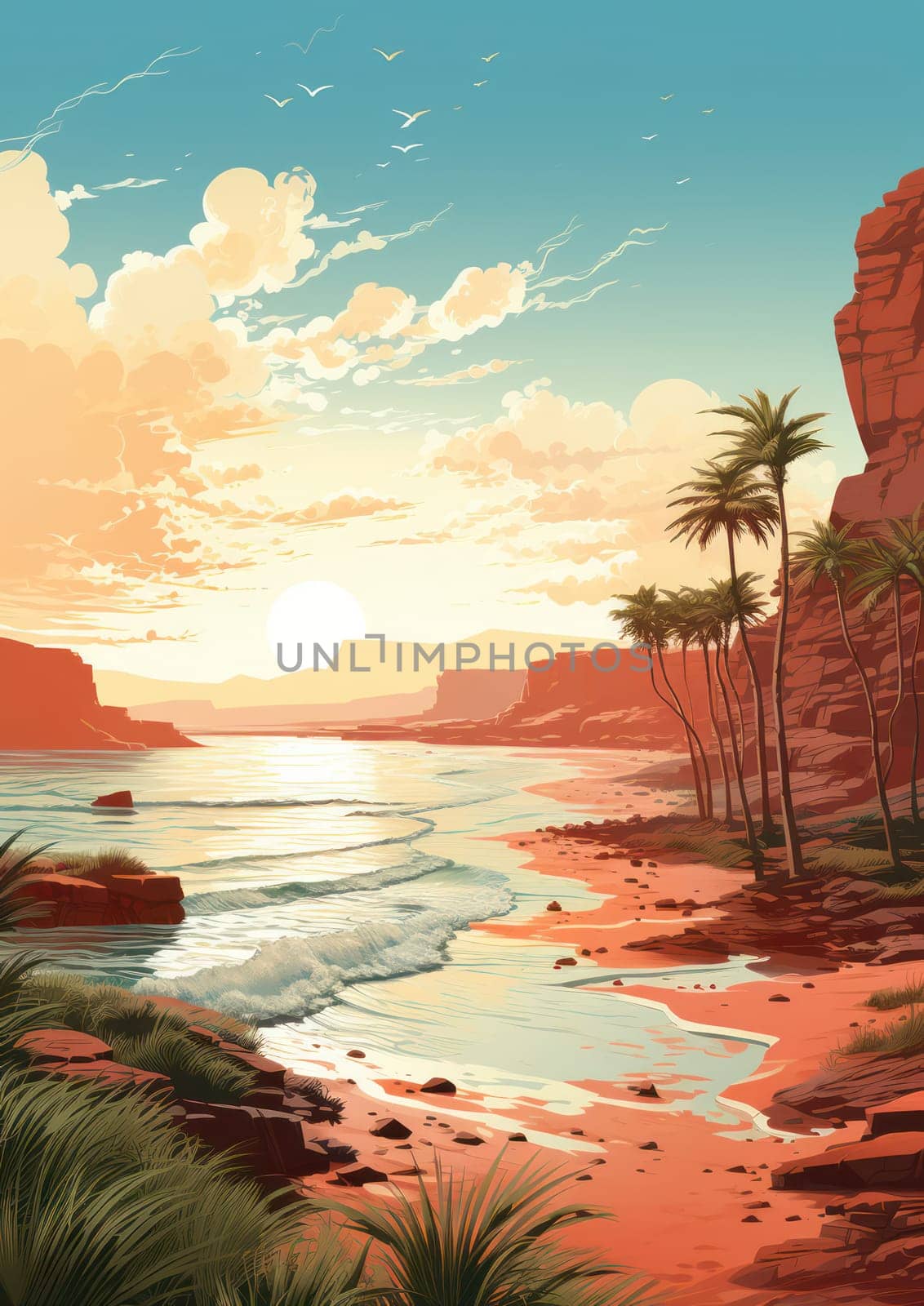 Tropical Paradise at Sunset: A Tranquil Beachscape with Palm Trees, Golden Hour Glow, and Serene Ocean