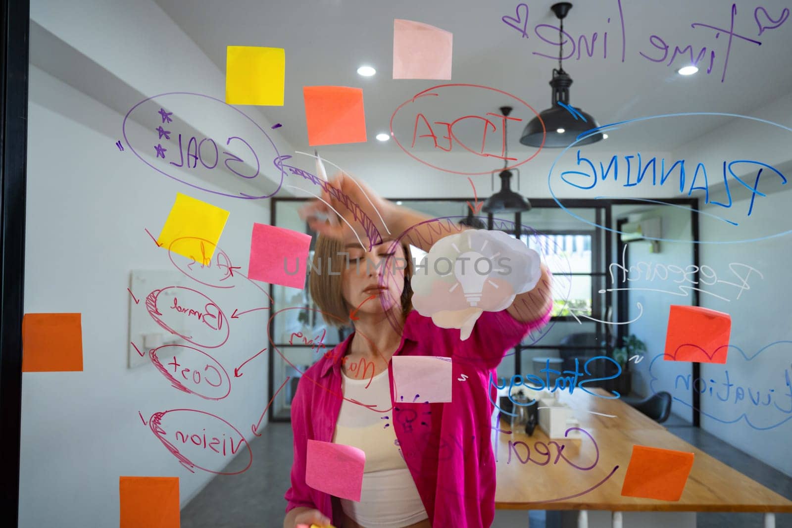 Closeup of attractive smart caucasian businesswoman brainstorms and planing marketing idea by using mind map and colorful sticker on glass board. Creative start up business concept. Immaculate.