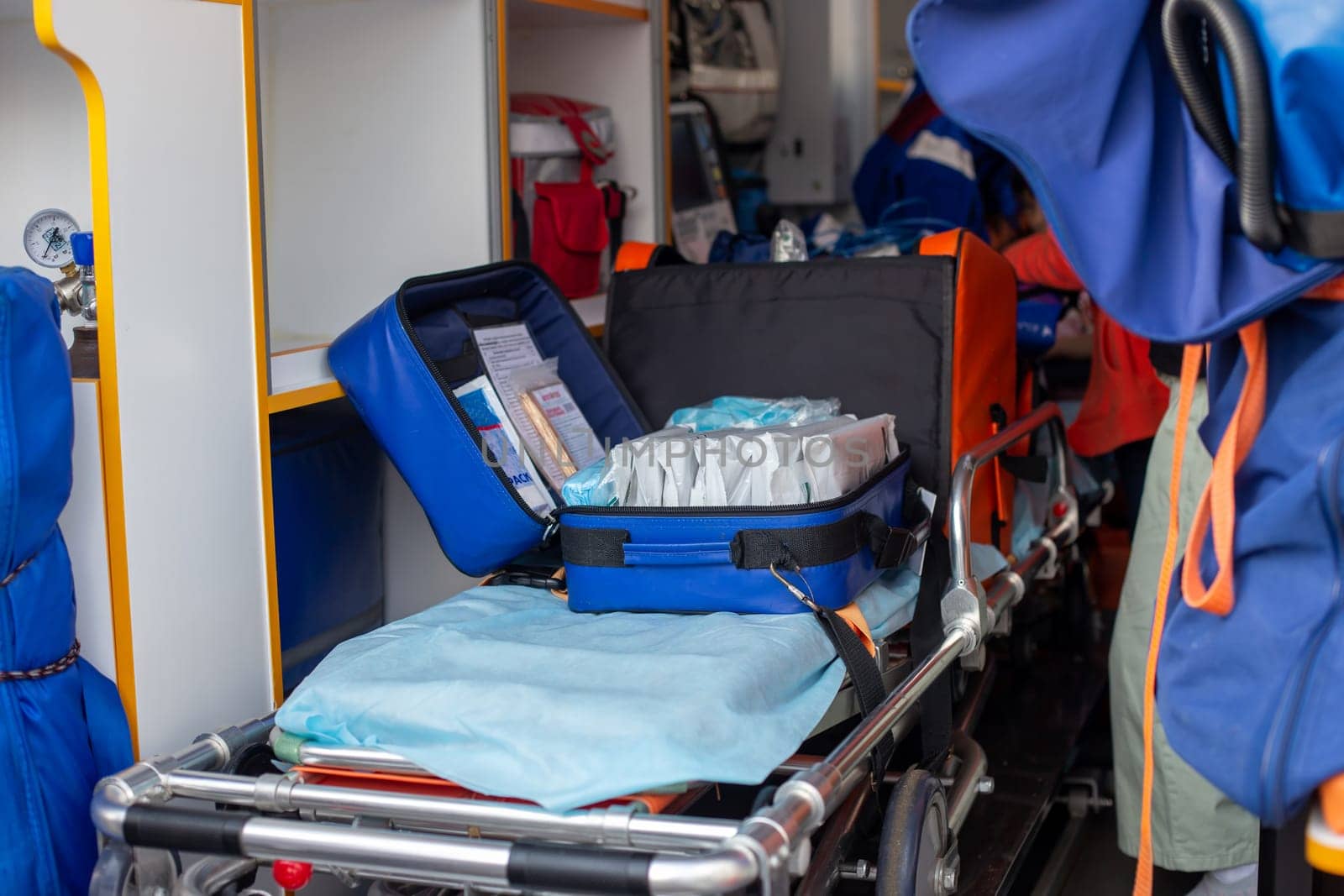 Inside view of an ambulance with medical gear.