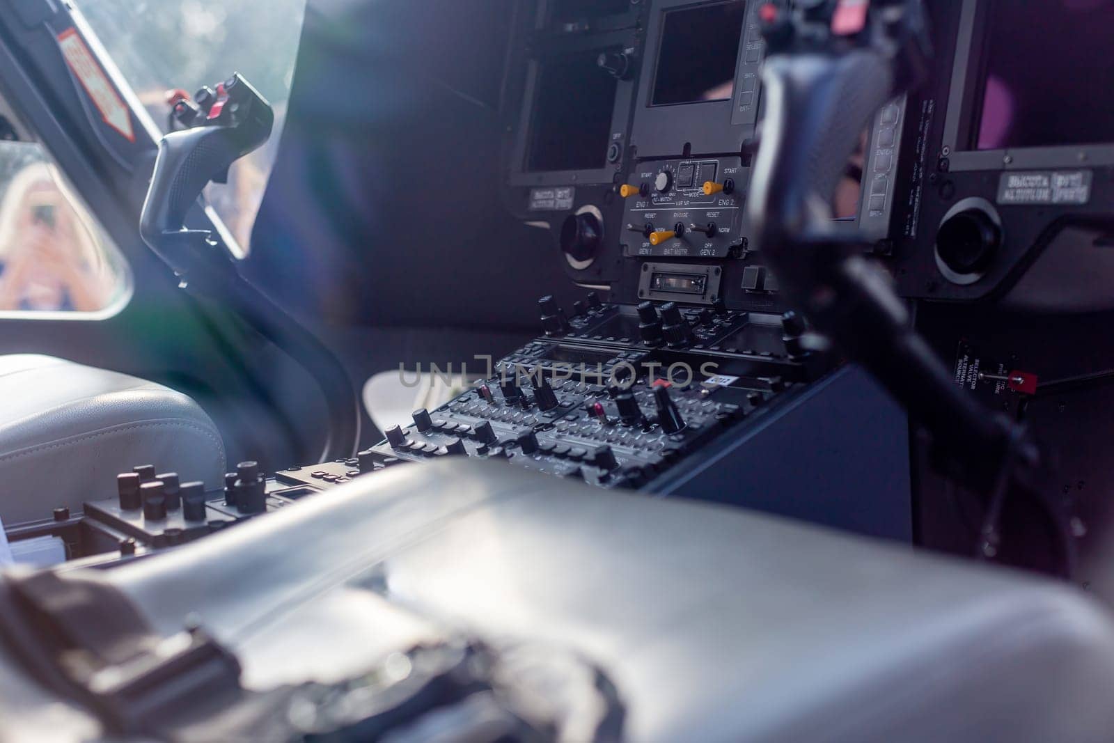 Moscow, Moscow region, Russia - 03.09.2023:Interior of a helicopter cockpit and the flight control panel by Zakharova