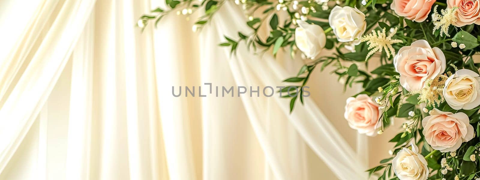 Elegant wedding backdrop featuring a cascade of creamy white and blush roses intertwined with delicate greenery and soft, flowing ivory drapery, creating a romantic and sophisticated setting.