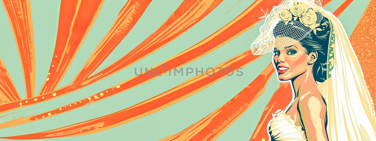 Retro bride illustration with vibrant orange rays. copy space by Edophoto