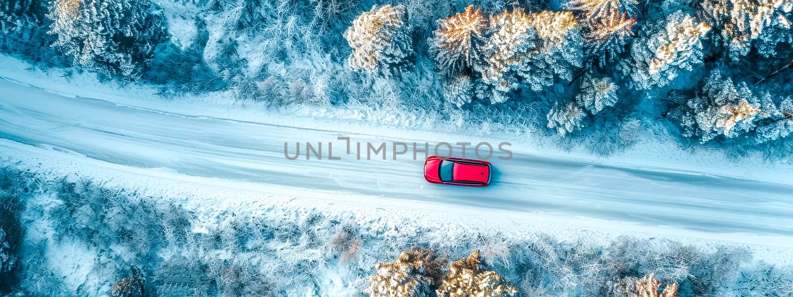 An aerial shot captures a solitary red car traversing a snowy mountain road, contrasting dark hues of the surrounding coniferous forest dusted with snow, adventure and isolation in the wilderness.