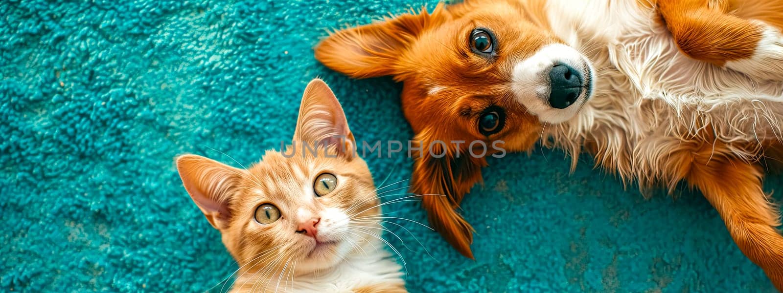 A heartwarming top view of a ginger cat and a brown and white dog lying on a turquoise carpet, looking up with curious and endearing expressions