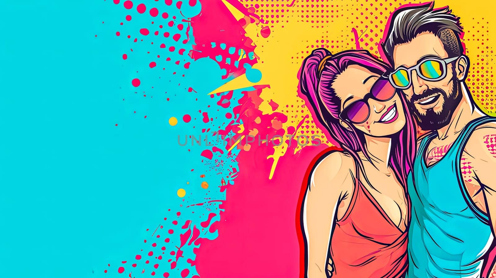 cartoon-style couple in sunglasses, exuding happiness and playfulness against a backdrop of vivid turquoise and magenta splashes
